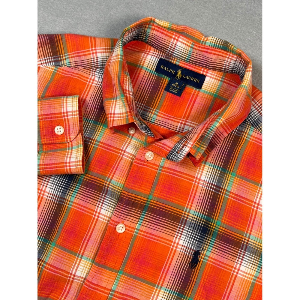 Ralph Lauren Plaid‎ Button Down Shirt Orange Green Cotton White XL Preppy casual